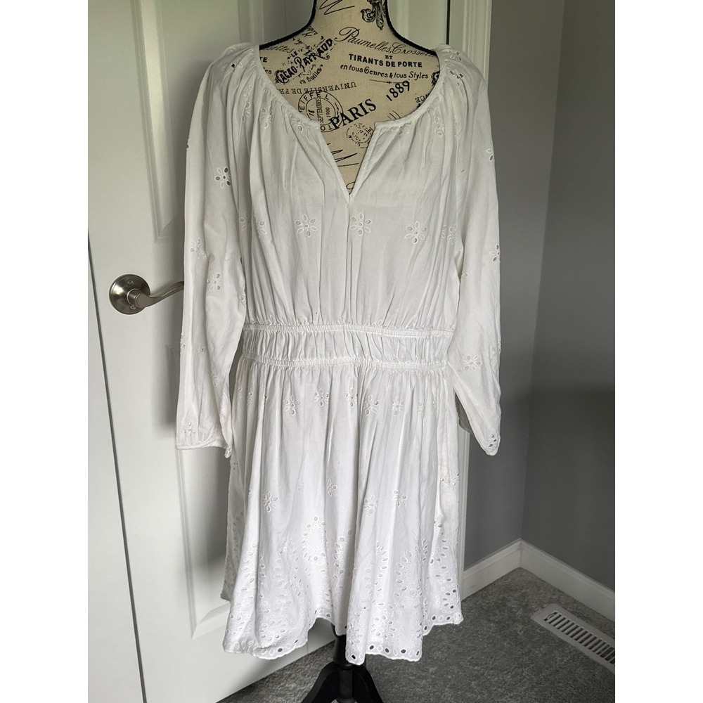 Universal Thread Womens White Eyelet Cotton Mini Dress Long Sleeve Boho L